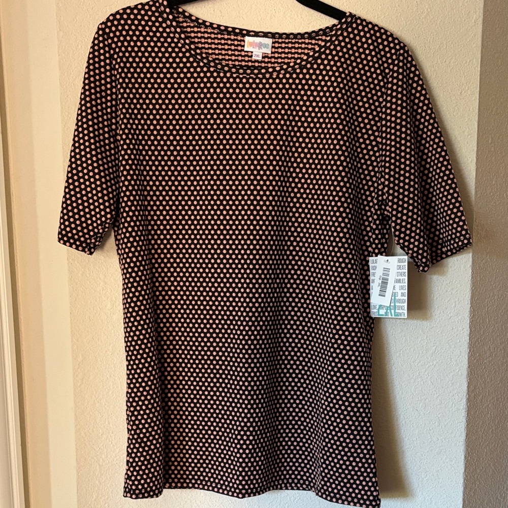 LuLaRoe Black and Pink Polka Dot Short Sleeve Top